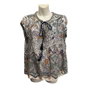 Daniel Rainn Paisley Tie-Neck Blouse in White, Green, Navy size large